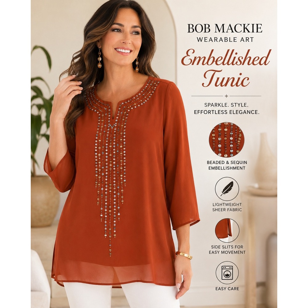Bob Mackie Wearable Art Embellished Tunic Top Rust Beaded Sheer Blouse M